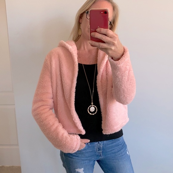 Soft, Fuzzy Pink Open Hooded Jacket - Picture 2 of 9
